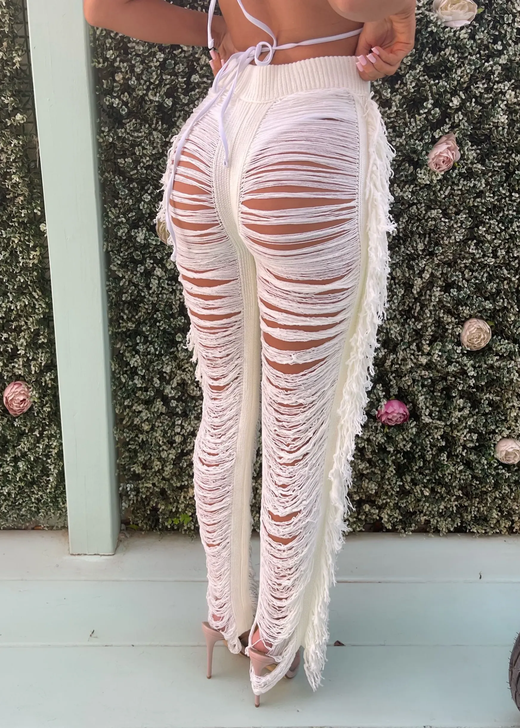 Andrina Fringe Trousers - Cream|DressMeZee Sale