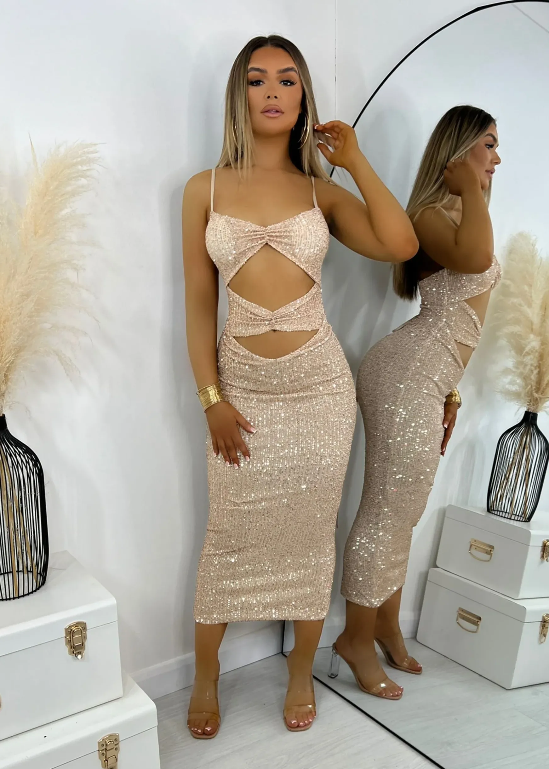 Bare Elegance Cut Out Midi Dress - Champagne|DressMeZee Clearance