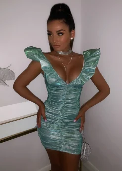 Bling It On Extreme Puff Sleeve Glitter Dress - Aqua|DressMeZee Clearance