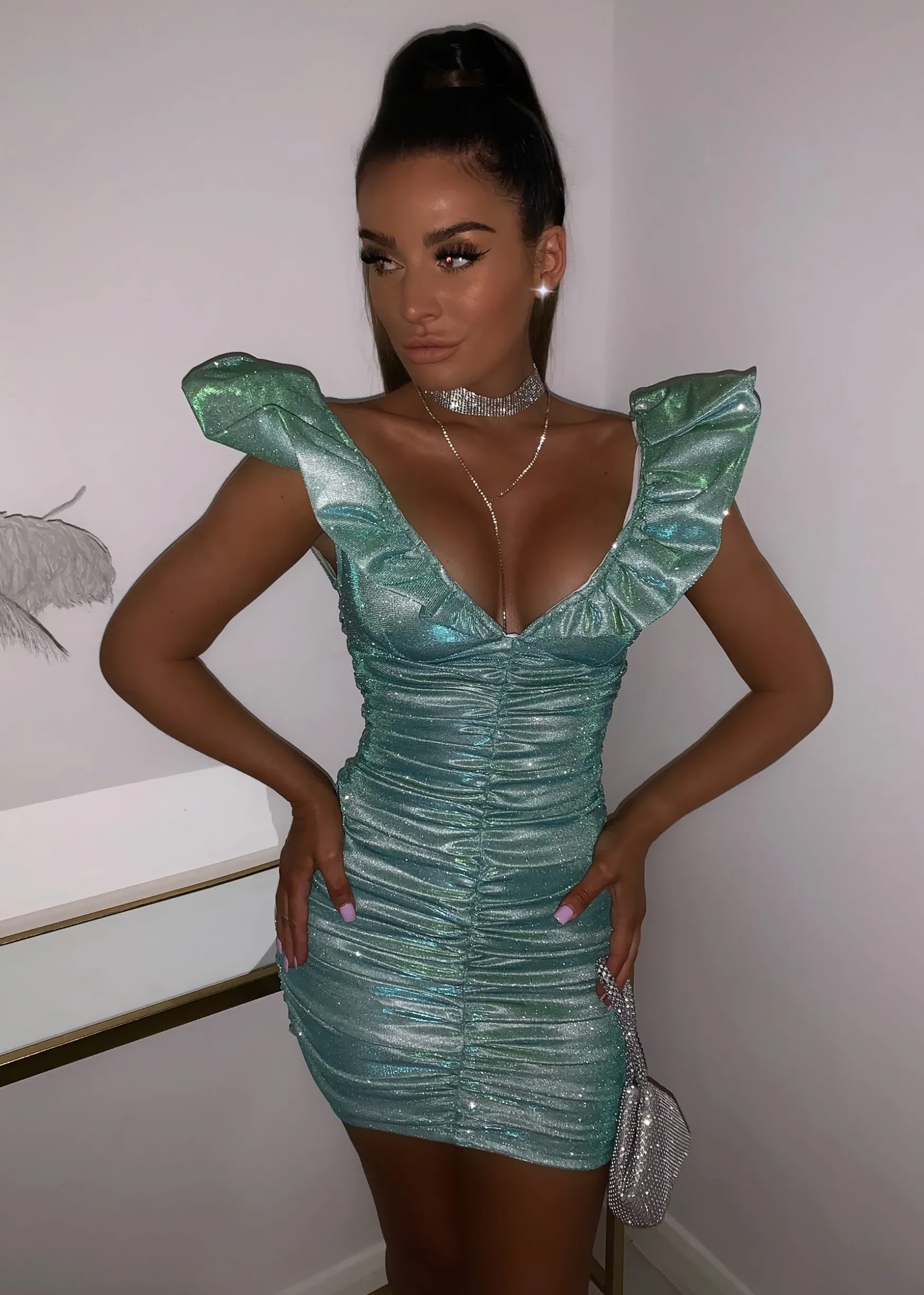 Bling It On Extreme Puff Sleeve Glitter Dress - Aqua|DressMeZee Clearance