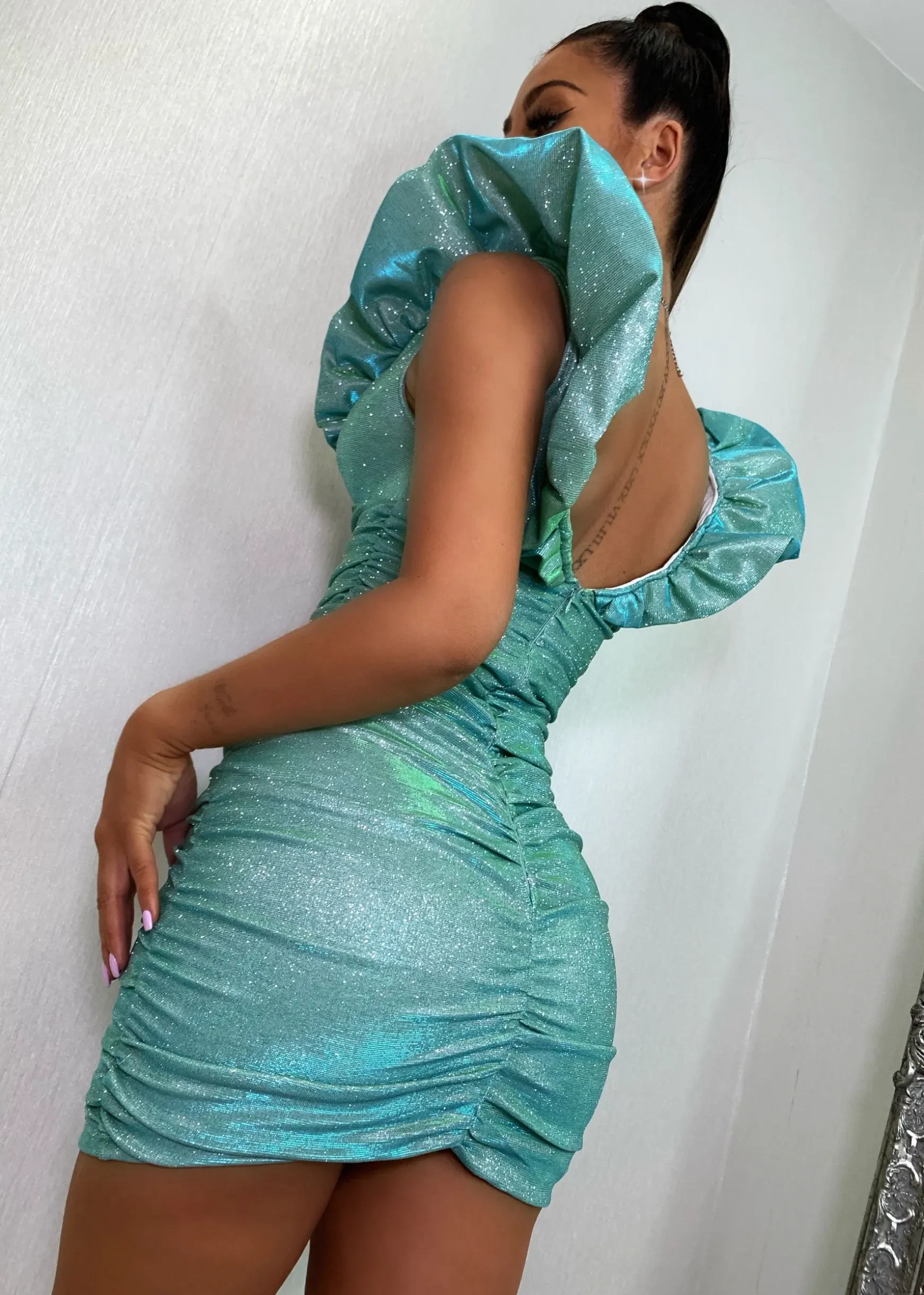 Bling It On Extreme Puff Sleeve Glitter Dress - Aqua|DressMeZee Clearance