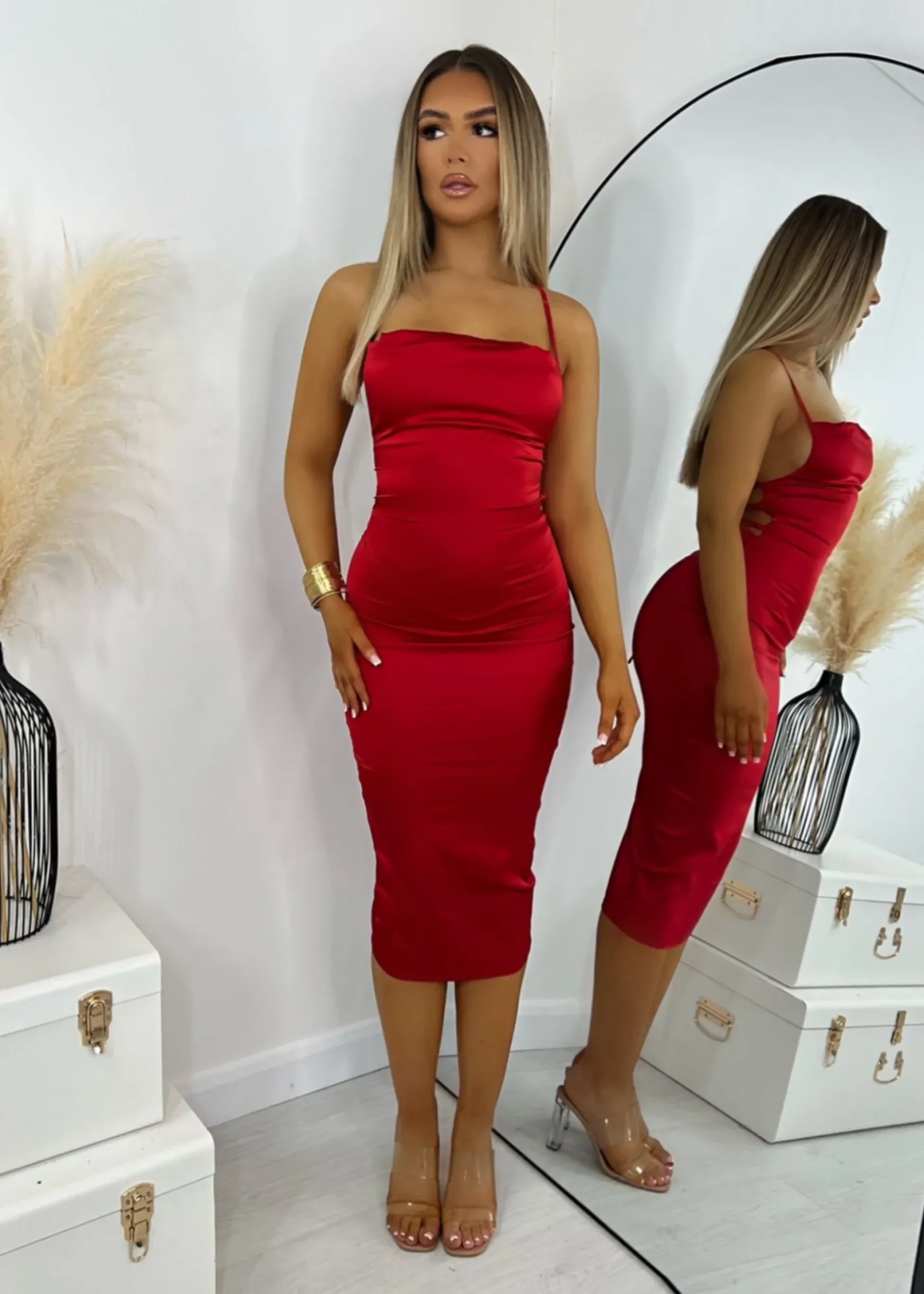 Brianna Satin Midi Dress - Red|DressMeZee Best