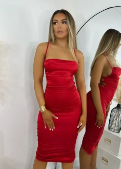 Brianna Satin Midi Dress - Red|DressMeZee Best