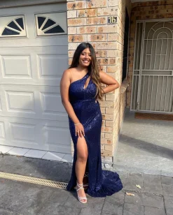 Candice One Shoulder Cut Out Gown - Midnight Blue|DressMeZee Clearance