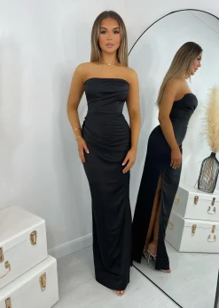 Cold Shoulder Strapless Satin Maxi Dress - Black|DressMeZee Sale