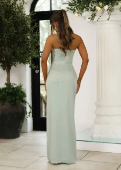 Cold Shoulder Strapless Satin Maxi Dress - Mint|DressMeZee Clearance