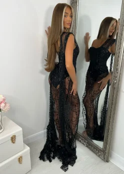 Diamond Nights Glitter Mesh Maxi Dress - Black|DressMeZee Discount