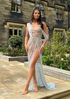 Diamond Nights Glitter Mesh Maxi Dress - Silver|DressMeZee New