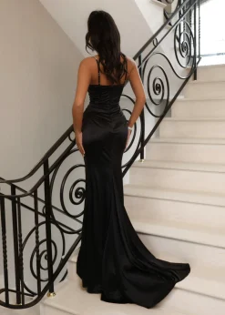 Elegant Desire Satin Split Gown - Black|DressMeZee Fashion