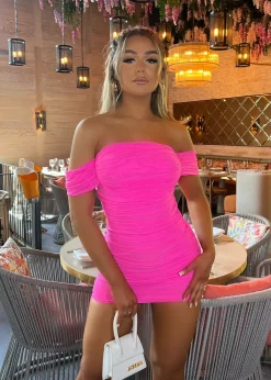 Elle Off Shoulder Mini Dress - Hot Pink|DressMeZee Hot
