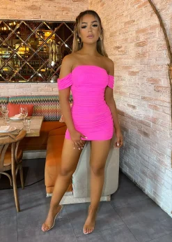 Elle Off Shoulder Mini Dress - Hot Pink|DressMeZee Hot