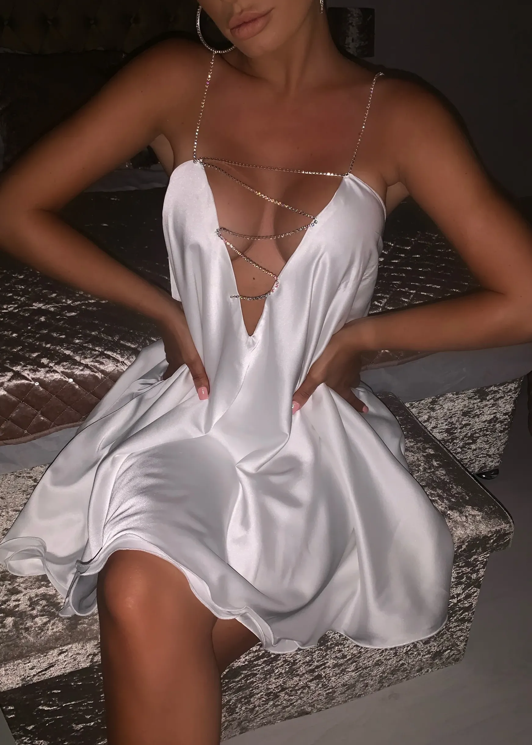 Feeling Flirty Babydoll Diamante Trim Dress - White|DressMeZee Discount