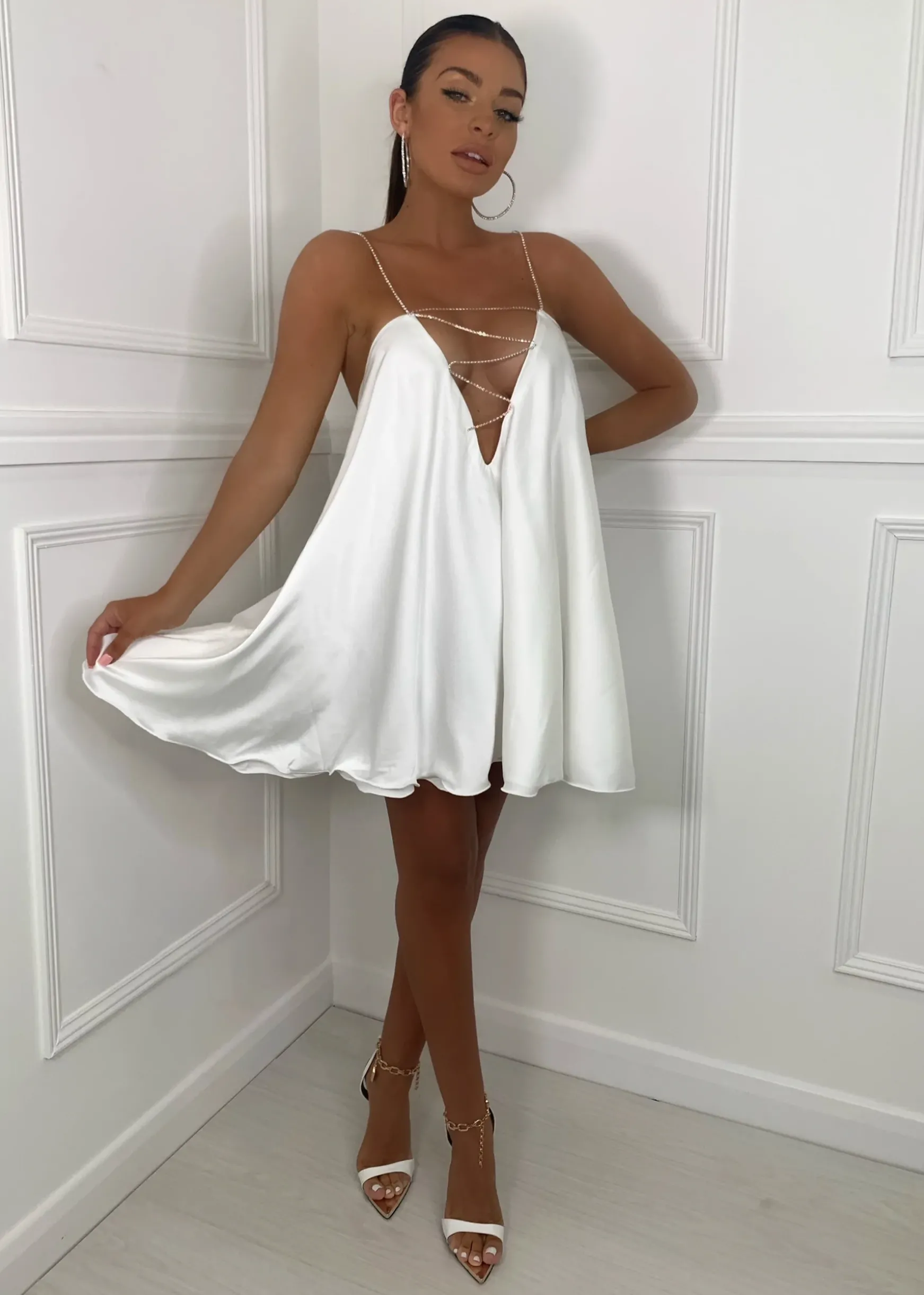 Feeling Flirty Babydoll Diamante Trim Dress - White|DressMeZee Discount