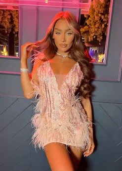 Felicity Premium Sequin Feather Mini Dress - Pink|DressMeZee New