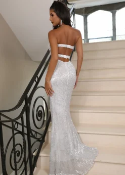 Glam Queen Sequin Split Gown - Silver|DressMeZee Best