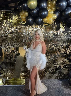 Happily Ever After Lurex Gown With Slit - Champagne|DressMeZee New