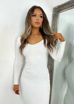 Heather Long Sleeve Ribbed Midi Dress - White|DressMeZee Sale