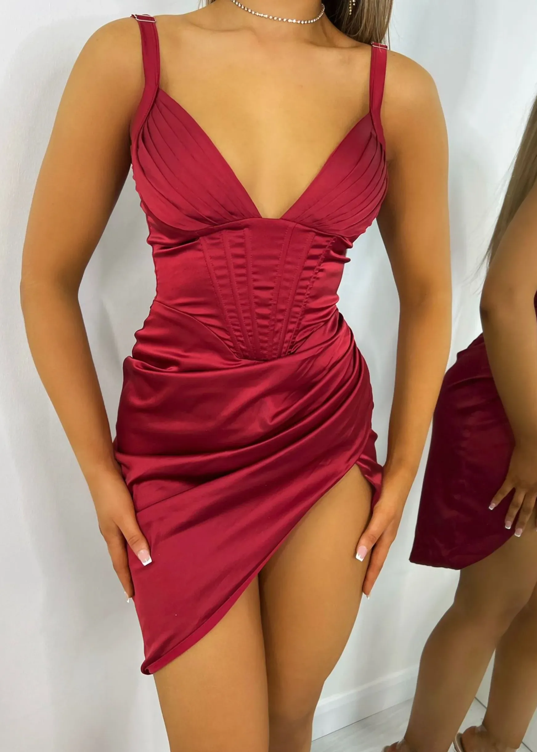 Jean Pleated Cup Corset Midi Dress - Wine|DressMeZee Sale