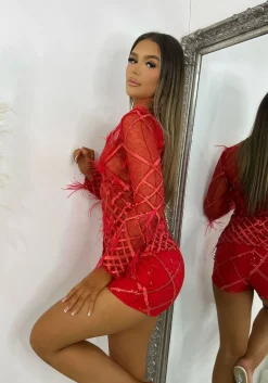 Just My Type Feather Mesh Two Piece - Red|DressMeZee Online