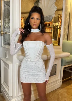 Kat Embellished Mini Dress - White|DressMeZee Online