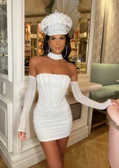 Kat Embellished Mini Dress - White|DressMeZee Online
