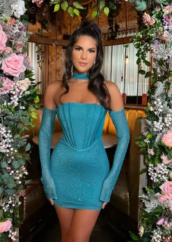 Kat Embellished Mini Dress - Teal|DressMeZee Online