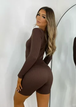Know Your Worth Long Sleeve Romper - Brown|DressMeZee Outlet