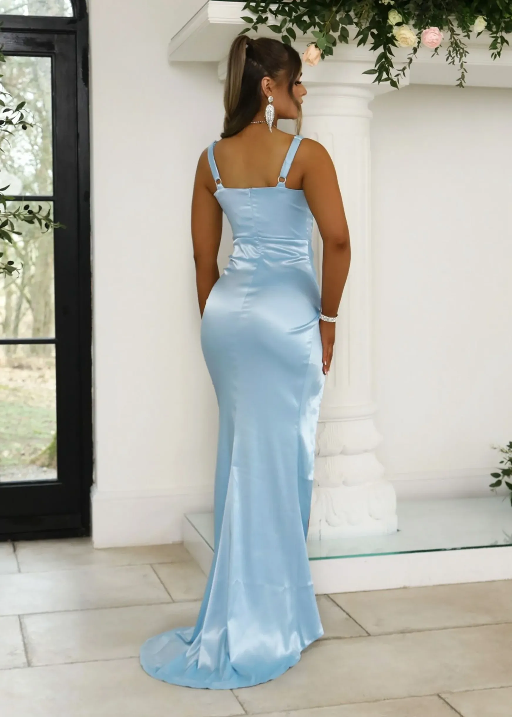 Lennox Corset Satin Split Gown - Light Blue|DressMeZee Clearance