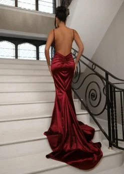 Love Affair Satin Gown With Ruched Back - Wine|DressMeZee Hot