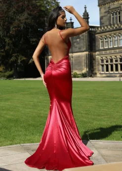 Love Affair Satin Gown With Ruched Back - Red|DressMeZee Best