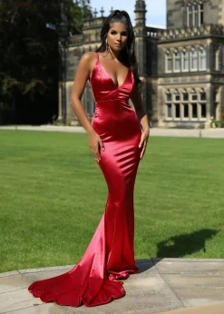 Love Affair Satin Gown With Ruched Back - Red|DressMeZee Outlet