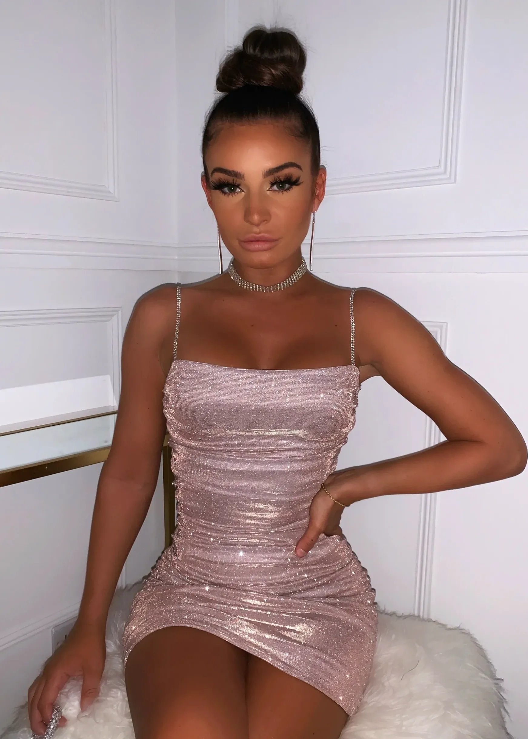 Material Girl Ruched Glitter Dress - Rose Gold|DressMeZee Online