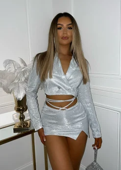 Midnight Memories Glitter Blazer Top - Silver|DressMeZee Hot