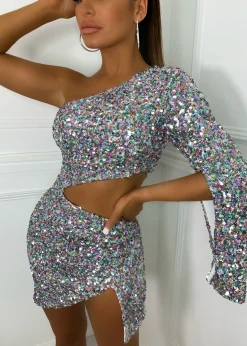 Overnight Fame Cut Out Mini Dress - Silver|DressMeZee Hot