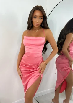 Paulette Satin Midi Dress - Rose Pink|DressMeZee Outlet