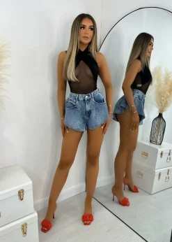 Plot Twist Mesh Halterneck Bodysuit - Black|DressMeZee Discount