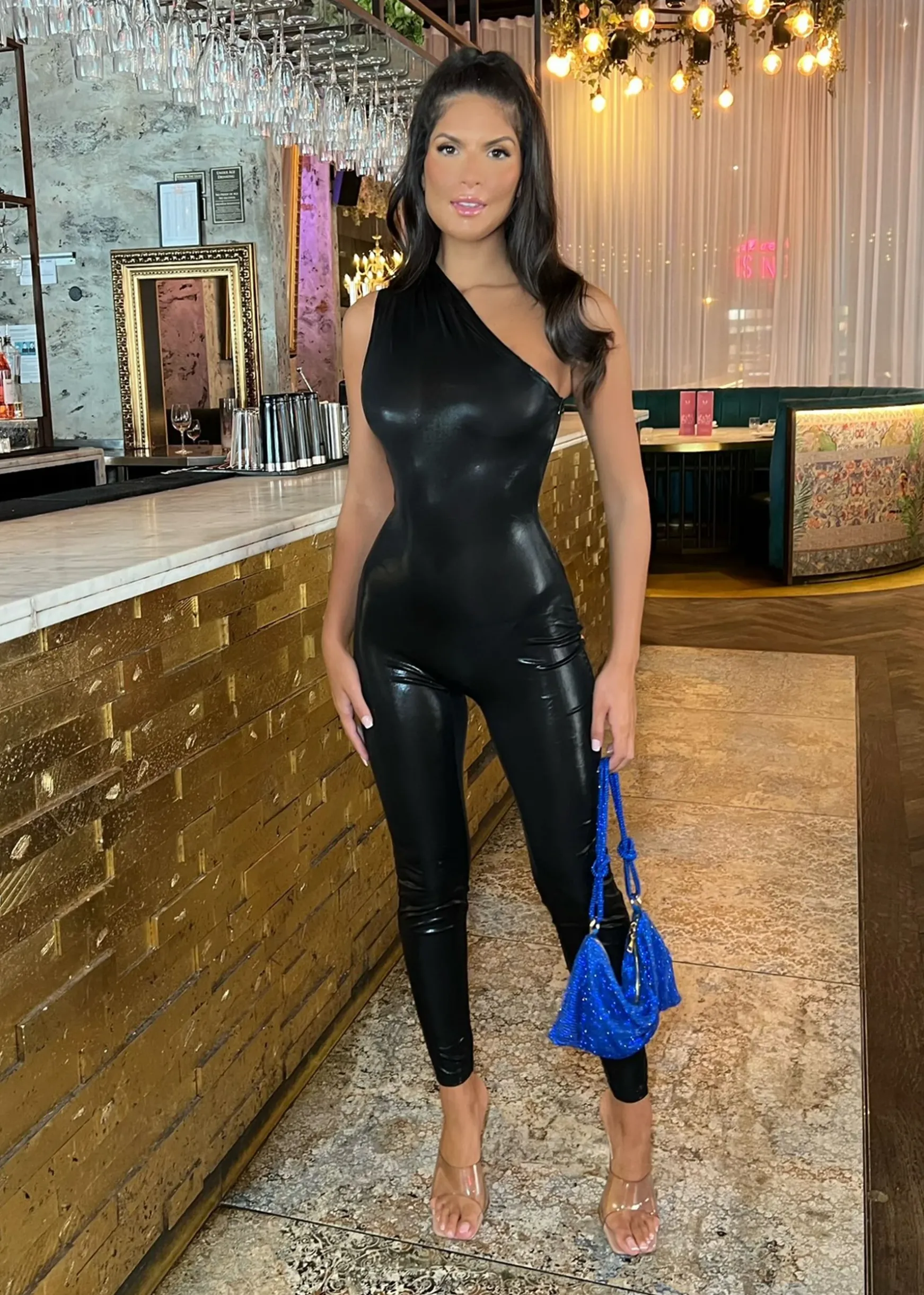 Power Hour Metallic One Shoulder Jumpsuit - Black|DressMeZee Fashion
