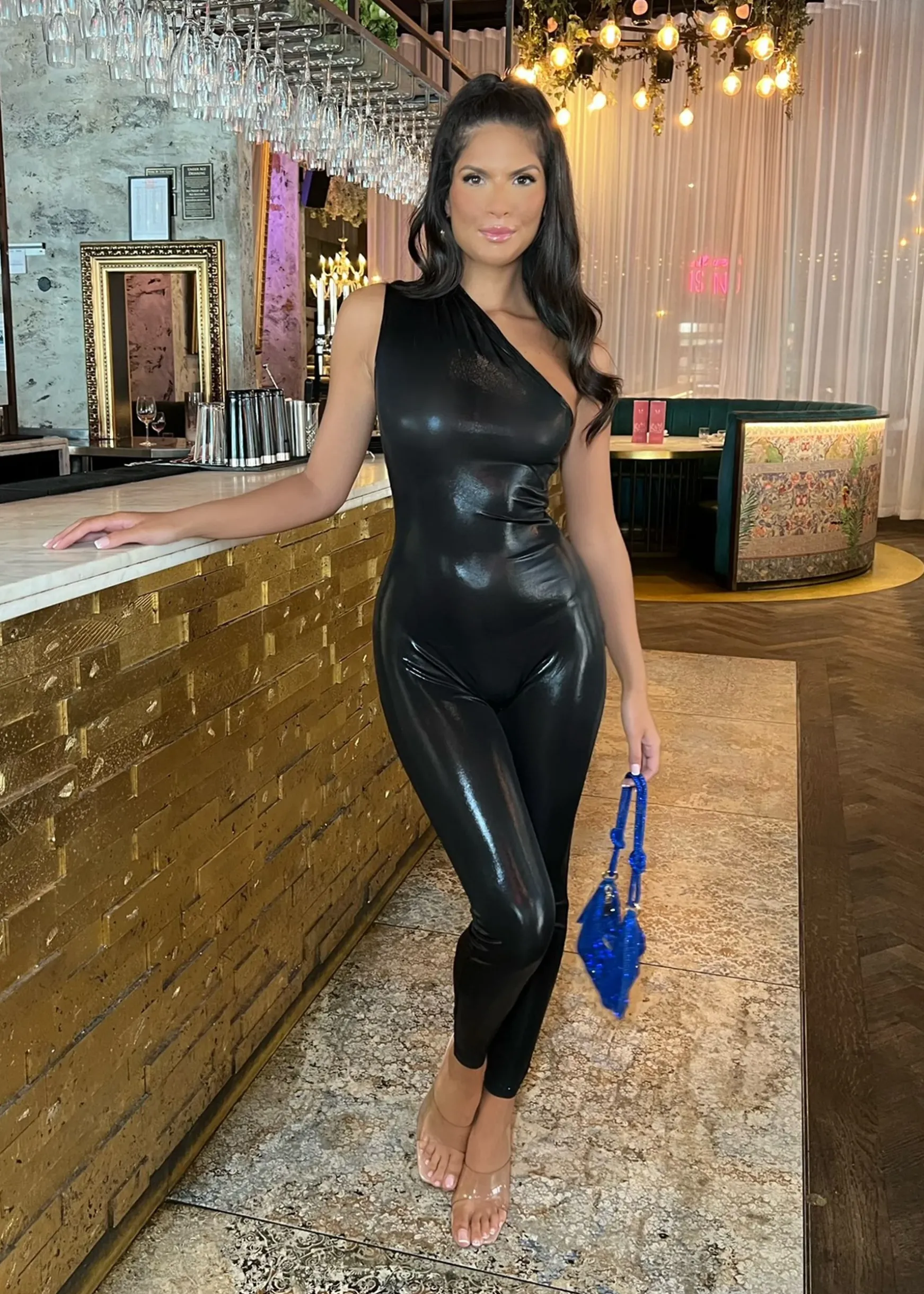 Power Hour Metallic One Shoulder Jumpsuit - Black|DressMeZee Fashion
