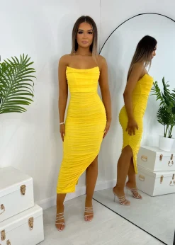 Pretty Moment Ruched Midi Dress - Yellow|DressMeZee Sale