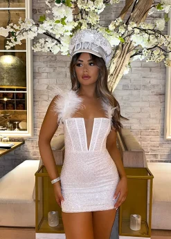 Saski Feather Mini Dress - White|DressMeZee Outlet