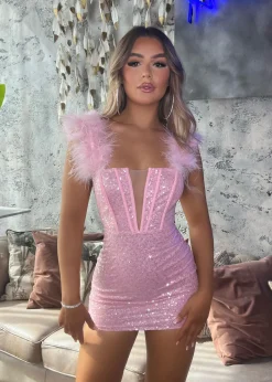 Saski Feather Mini Dress - Pink|DressMeZee Online