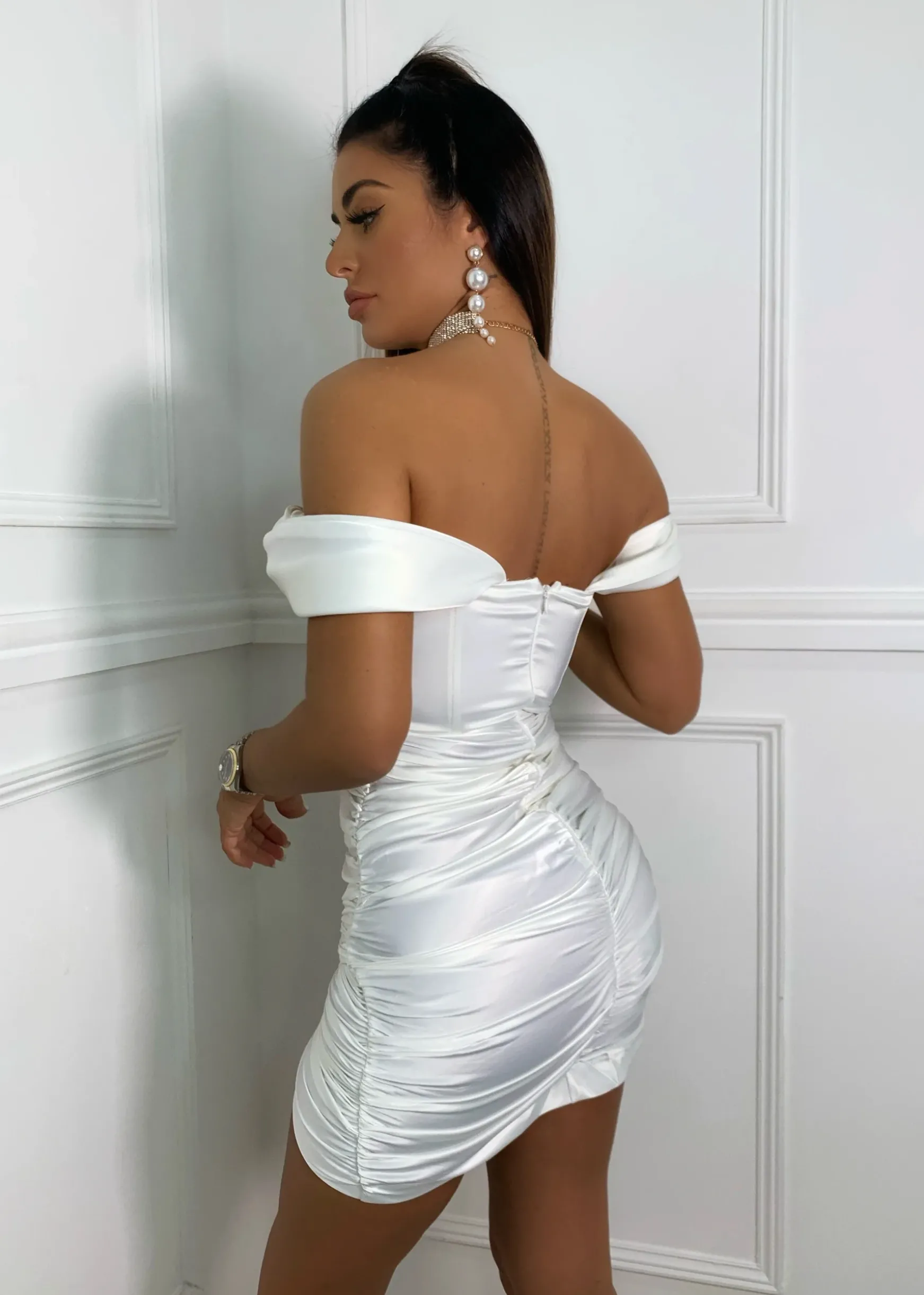 Slipped My Mind Bardot Corset Satin Dress - White|DressMeZee Outlet