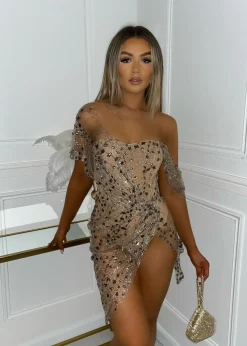 Sparkle Delight Glitter Mesh Dress - Bronze|DressMeZee New