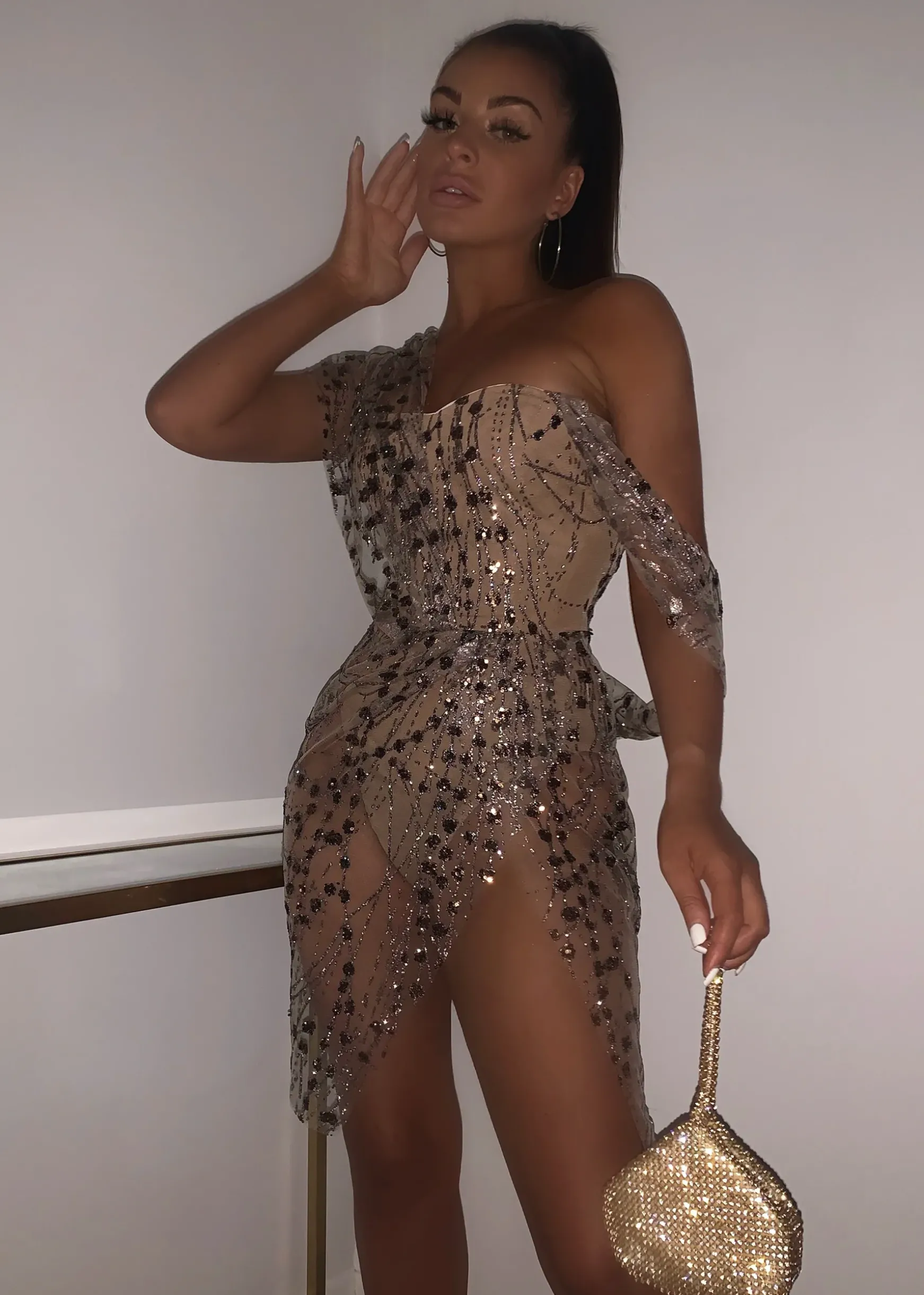 Sparkle Delight Glitter Mesh Dress - Bronze|DressMeZee New