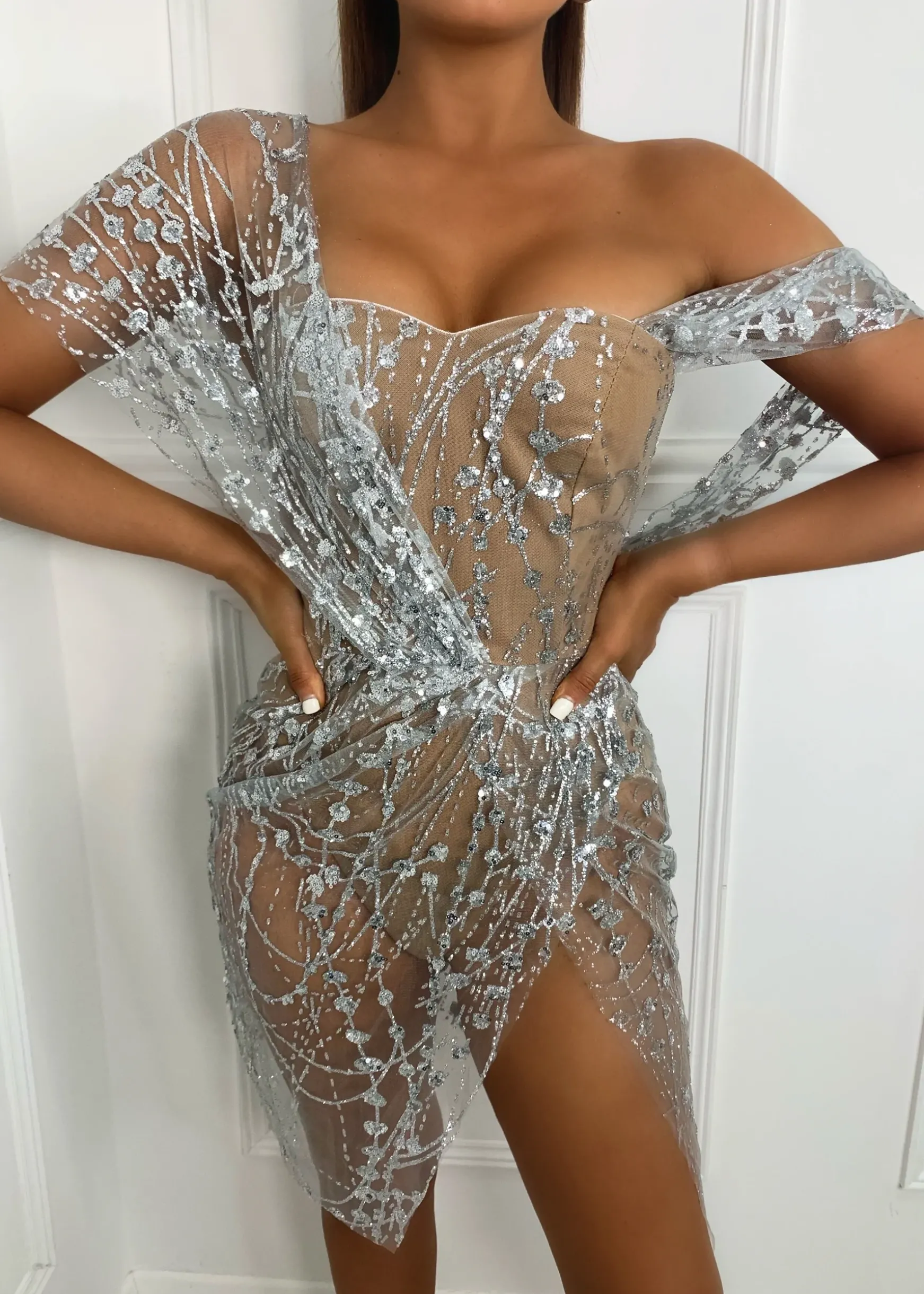 Sparkle Delight Glitter Mesh Dress - Silver|DressMeZee Clearance