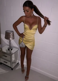 Steal The Show Diamante Ruched Mini Dress - Yellow|DressMeZee Hot