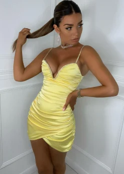 Steal The Show Diamante Ruched Mini Dress - Yellow|DressMeZee Hot