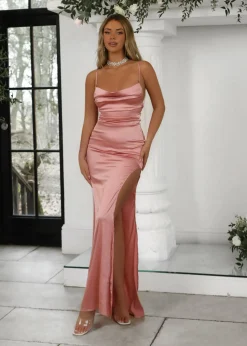 Tiana Satin Split Gown - Pink|DressMeZee Hot