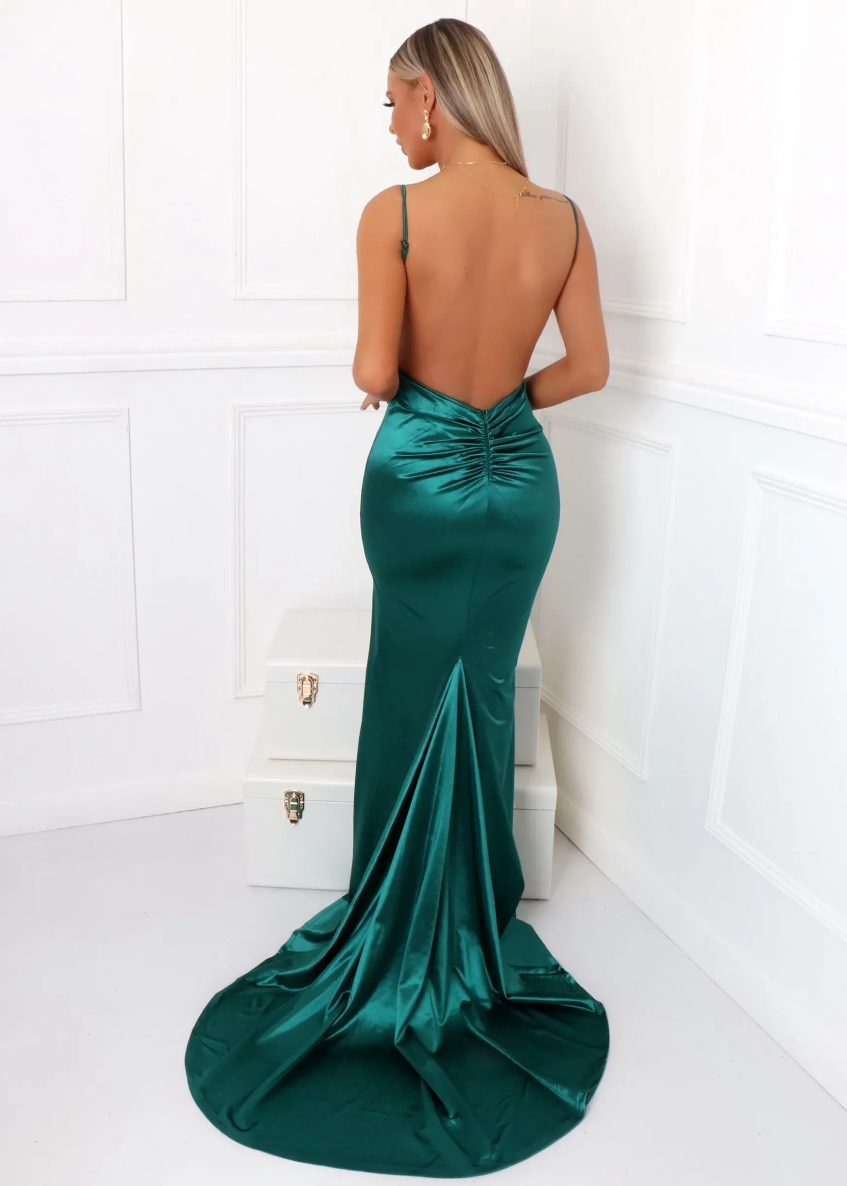 Touch Of Glamour Satin Gown With Side Slit - Emerald Green|DressMeZee Hot