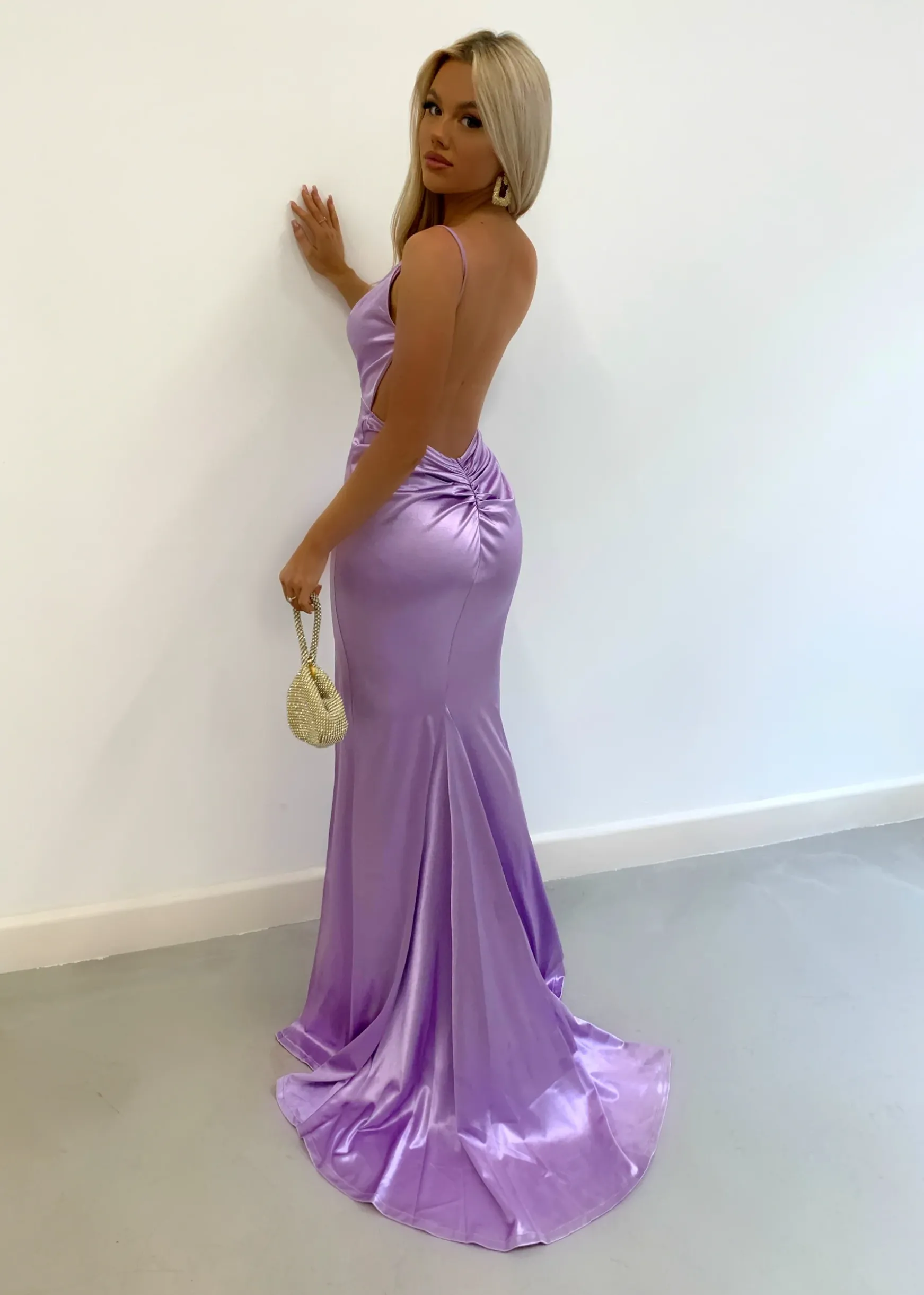 Touch Of Glamour Satin Gown With Side Slit - Lilac|DressMeZee New